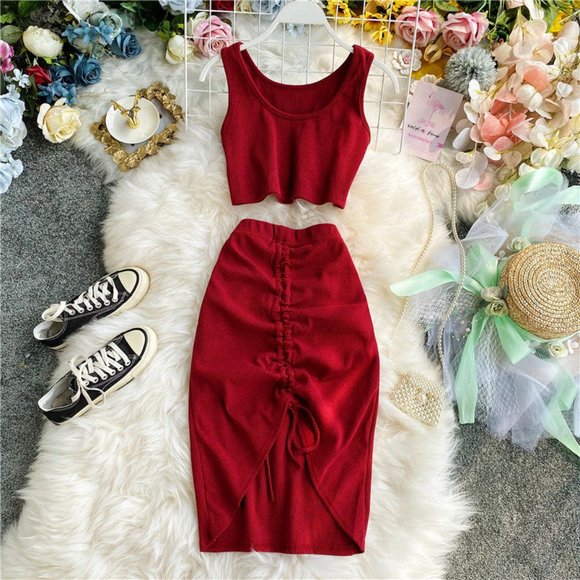 Women Knitted Short Tops + Drawstring Bodycon Skirt - Picture 5 of 9